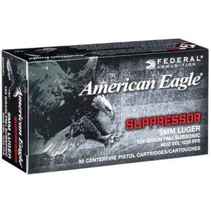 Federal American Eagle Subsonic Suppressor 9mm Luger 124gr FMJ Handgun Ammo - 50 Rounds