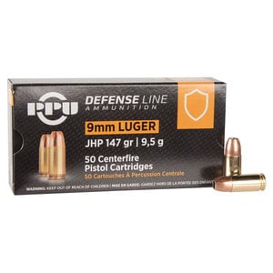 PPU Defense 9mm Luger 147gr JHP Handgun Ammo - 50 Rounds