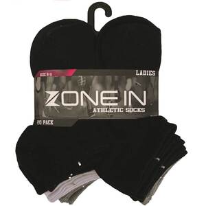 Zone In Women's Athletic Casual 20 Pack Ankle Socks - Black/White/Grey - M